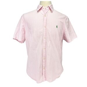 RALPH LAUREN Classic Fit Untucked Seersucker Stripe Pink Short Sleeve Shirt XL